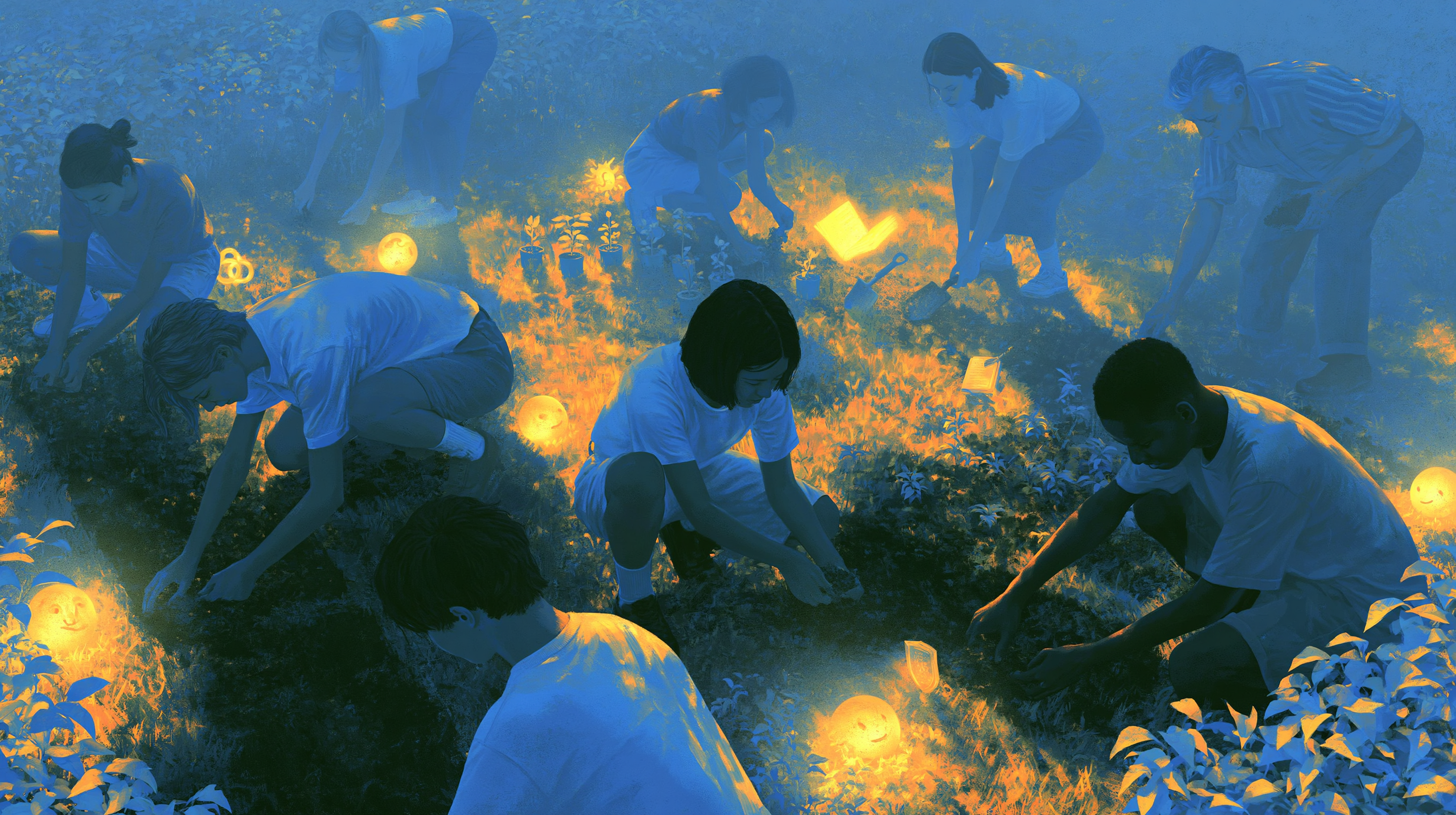 Students in a community garden, each with a small glowing companion holding a unique golden object — the nine learning agents