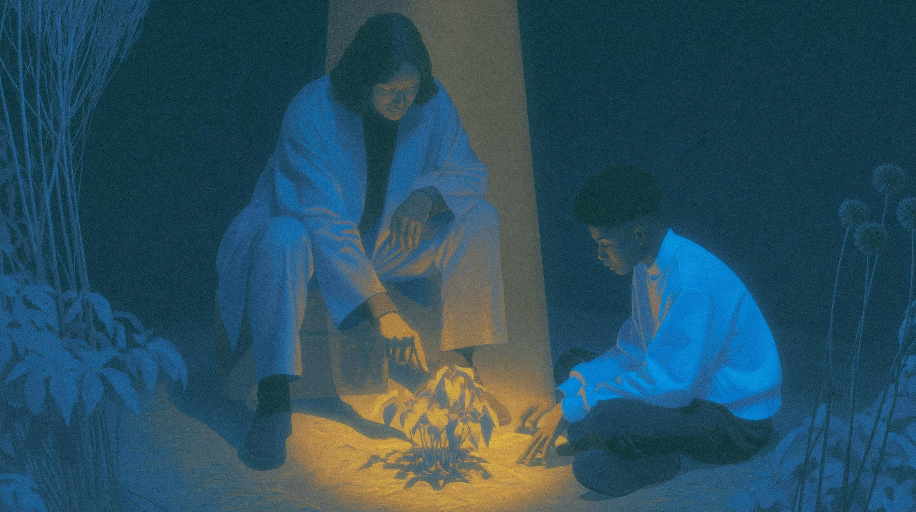 Illustration of a mentor and student examining a glowing community garden project together