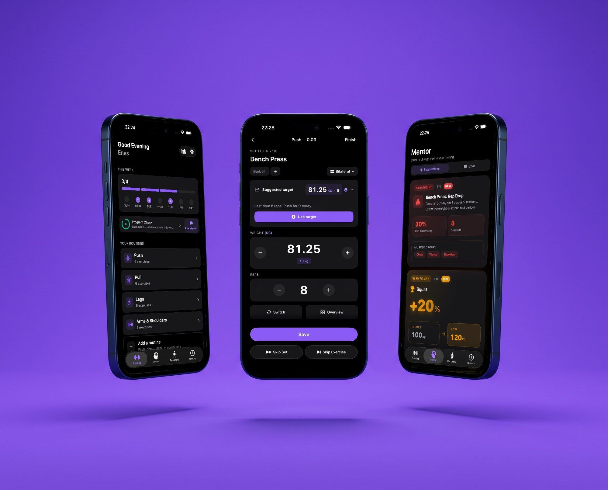 Three phones floating on violet showing Reps: home with this week's routines, a bench press set with a suggested target, and the mentor